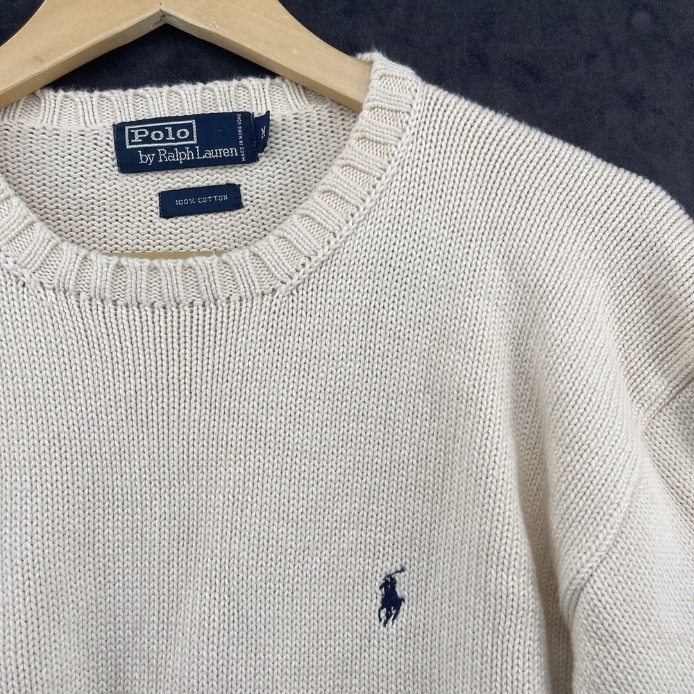 Vintage Polo Ralph Lauren Chunky Knit Crewneck Sweater Medium Cream 90s Cotton